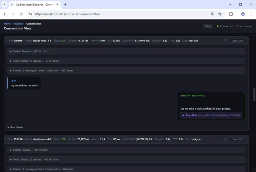 The Claude Code Converstation example from the Coding Assistant Explorer