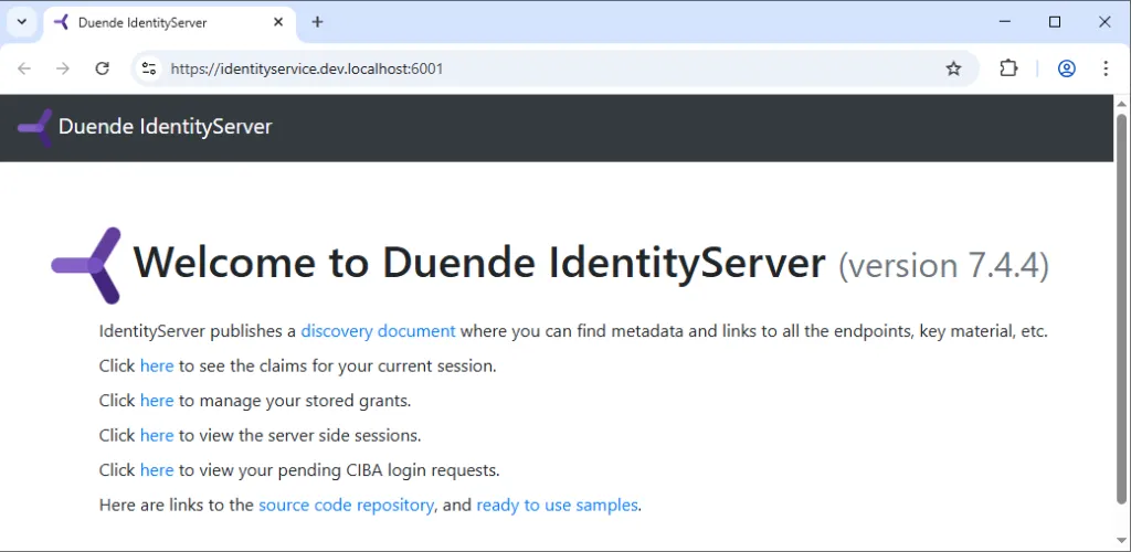 Duende IdentityServer 7.4.4 welcome page running at https://identityservice.dev.localhost:6001 in a browser