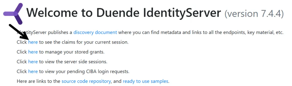 Duende IdentityServer 7.4.4 welcome page showing links to discovery document, claims, grants, and server side sessions