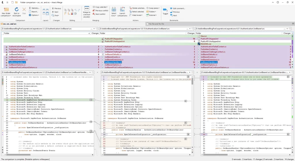 Araxis Merge three-way folder and file diff comparing JwtBearerHandler across ASP.NET Core 3.1, 5.0 and 6.0