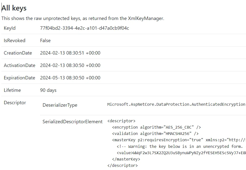 Viewing the unprotected data protection keys