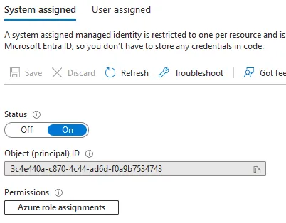 Enabling the Azure App Service System assigned managed identity