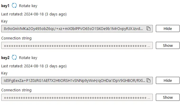 Examples of access keys and connection strings within an Azure Storage Account.
