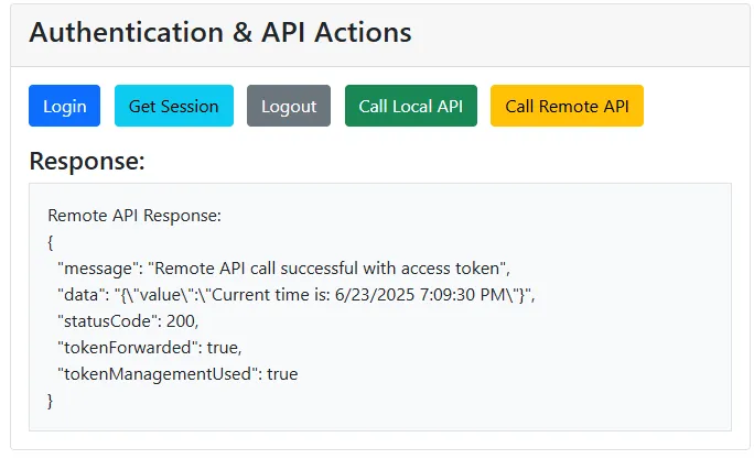 jQuery-based BFF demo UI showing authentication actions and a successful remote API JSON response with token forwarding