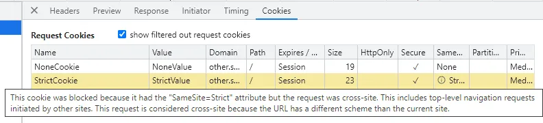 Example of how the browser blocks cookies due to the samesite attribute.