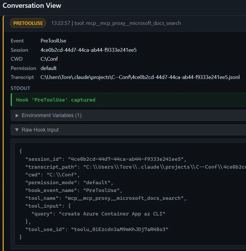 Claude Code PreToolUse hook event for MCP tool call