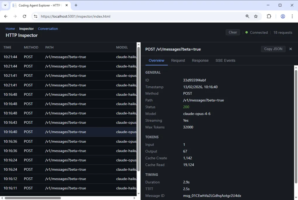 Coding Agent Explorer HTTP Inspector showing POST requests to Claude API with token usage and timing details