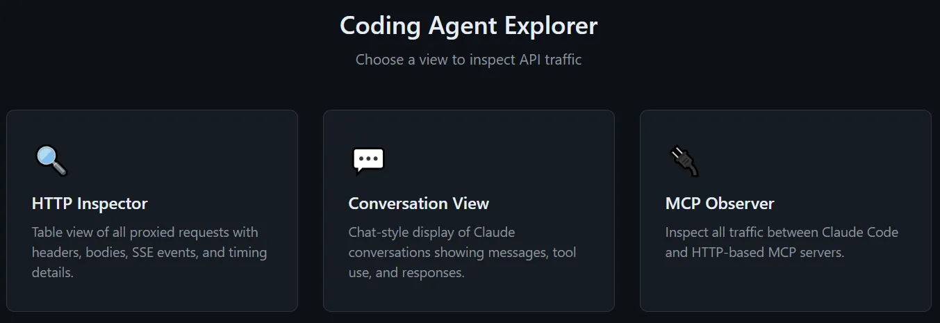 Coding Agent Explorer main menu showing MCP Observer navigation item