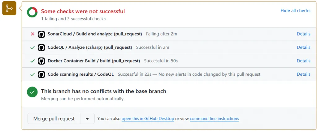 Example GitHub pull request that fails the code scanning