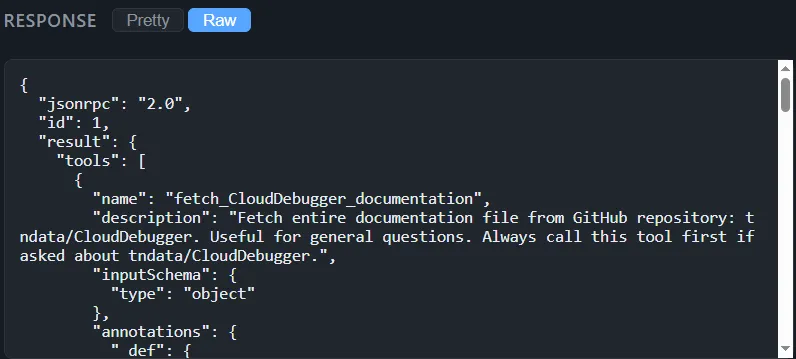 MCP Observer raw JSON view of MCP server response