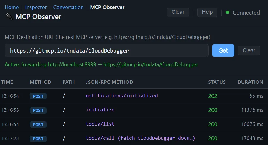 MCP Observer request list showing JSON-RPC calls between Claude Code and MCP server