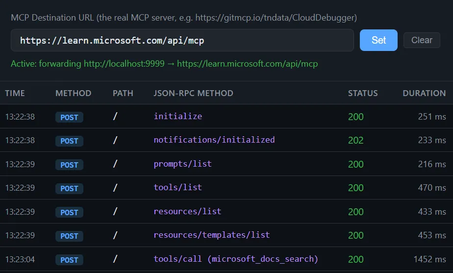 Microsoft Learn MCP server tools/list and tools/call requests in MCP Observer