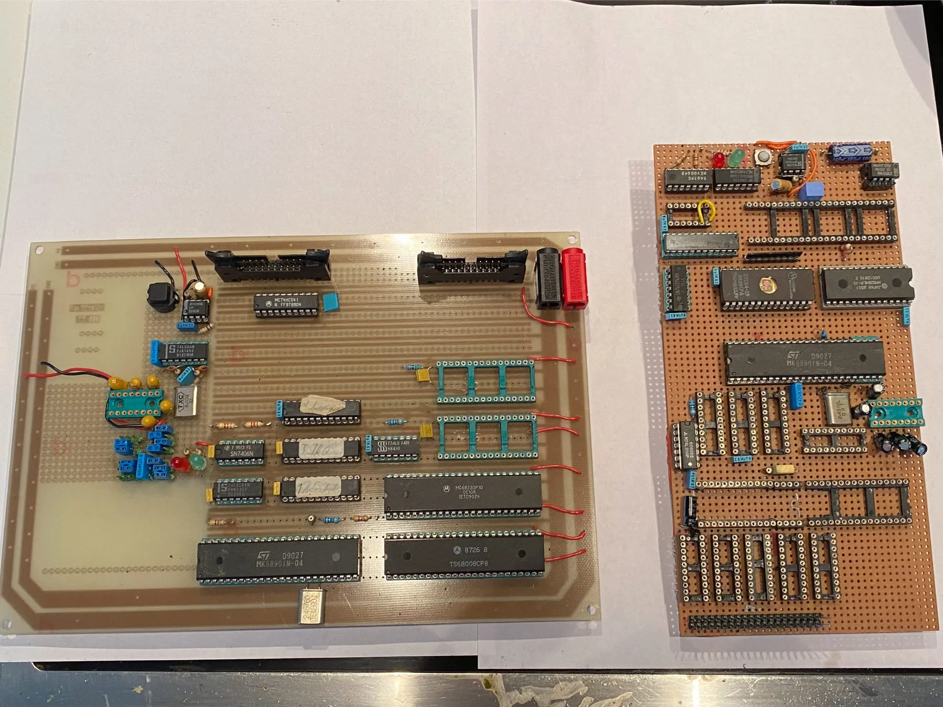 Sample wire-wrapped circuit boards that I did prior to my sega mega drive development kit project