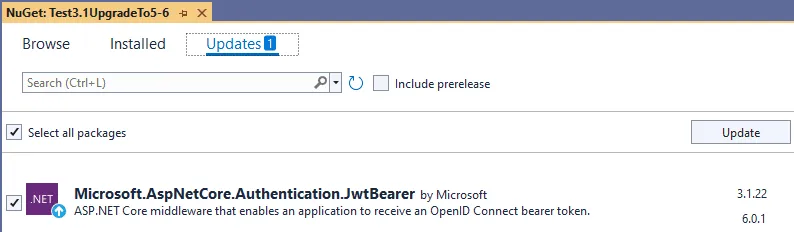 Visual Studio NuGet package manager showing Microsoft.AspNetCore.Authentication.JwtBearer update from 3.1.22 to 6.0.1