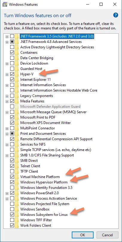 The Windows Features dialog box where you can enable Windows Services and features.